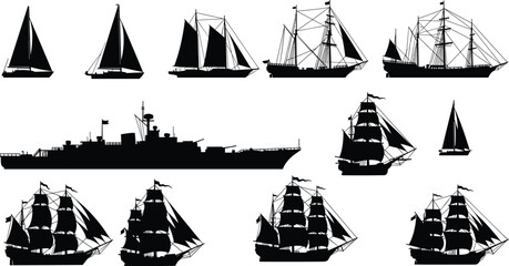 Collection of Ship Silhouettes Including Sailing Boats Luxury Yachts Warships and Historic Galleons for Maritime Transport Nautical Travel and Ocean Adventures © IconicCreations