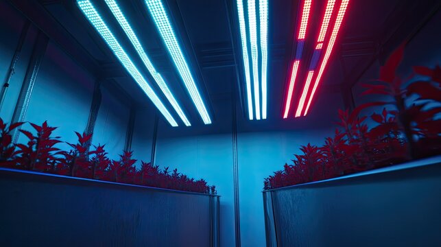 Hydroponic plants growing under blue red led lights