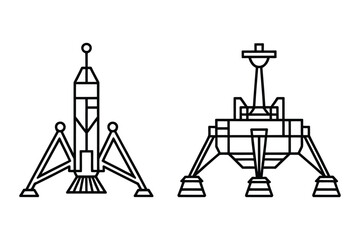 Two stylized outline illustrations of spacecraft landers or rockets © Sadek