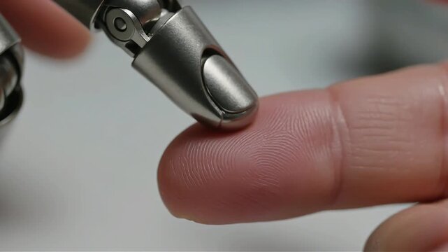 Innovaci&oacute;n en pr&oacute;tesis y rob&oacute;tica: Detalle macro de una mano mec&aacute;nica interactuando con piel humana real.