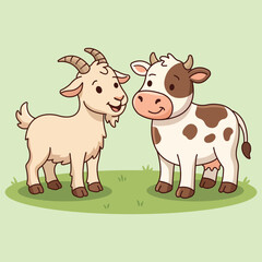 Fototapeta premium Cute Cartoon Goat and Cow Farm Animals Illustration on Green Background
