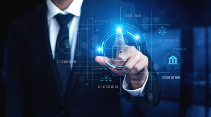 Obraz premium Cybersecurity system interface with biometric lock and data protection. Cybersecurity protects access, identity, cyber security prevents threats, and cyber security supports digital systems. Vouch