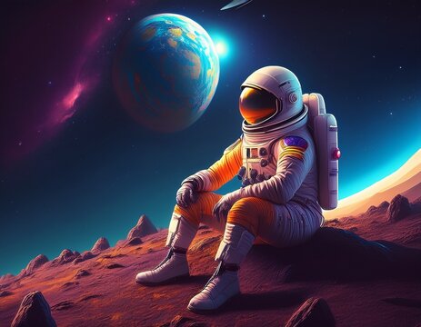 astronaut sitting on a hill with alien planet