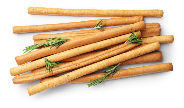Delicious grissini sticks and rosemary isolated on white, top view