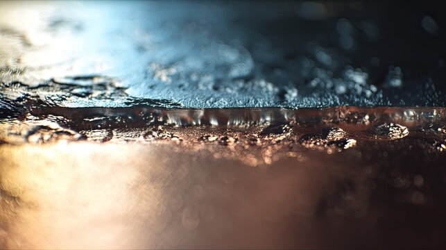 Dark liquid creating a reflective surface and texture, separating cool blue and warm golden abstract defocused backgrounds, conveying a sense of division and connection