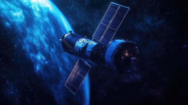 Research and communication satellite orbiting blue planet