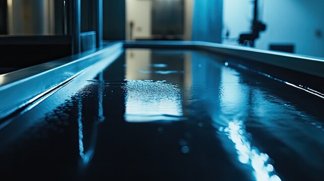 Dark water creates a reflective surface, capturing the subtle blue light and forming abstract patterns with ripples and droplets in a quiet, cool environment