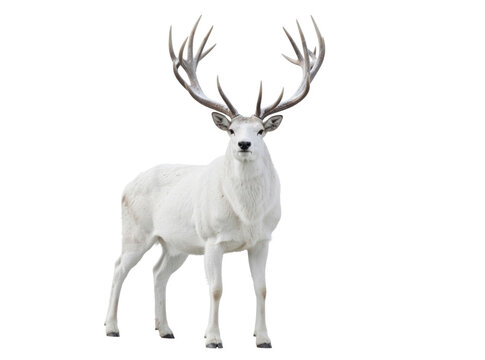 A single white deer stands proudly in front of a pure white background, its majestic antlers prominent