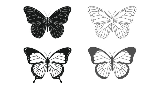 Butterflies are presented in four distinct graphic variations, including filled silhouettes and delicate line art outlines to enhance various creative design projects.