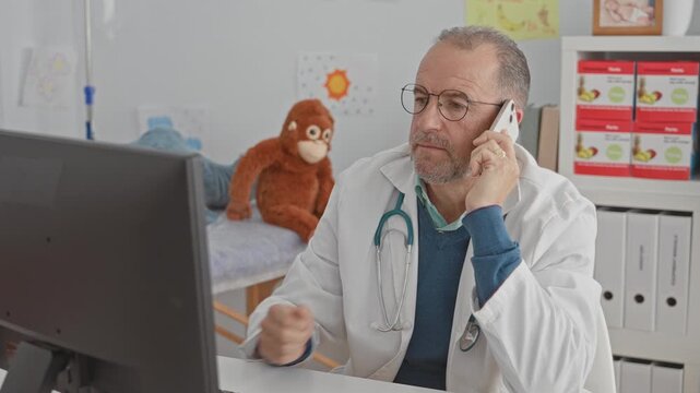 Man doctor holds smartphone to ear and types at computer with stethoscope in clinic building; telemedicine concern.
