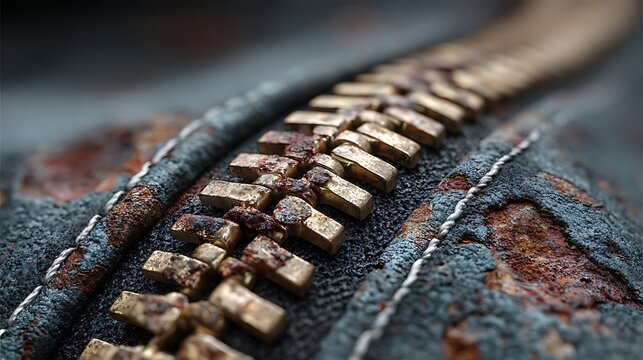 Aged metal zipper with corroded teeth macro view images