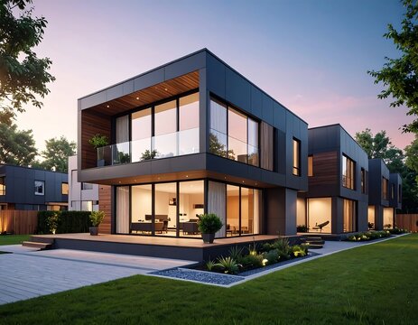 Modern architectural complex featuring boxy designs, large windows, and outdoor spaces. The exterior combines wood and dark cladding with landscaped greenery