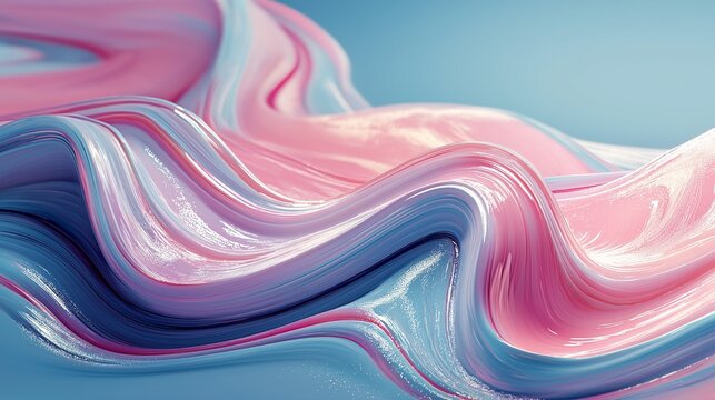 Modern 3D abstract iridescent wave with vibrant pink and blue colors on a reflecting surface
