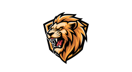A fierce and powerful golden lion head mascot emblem with an open mouth and sharp fangs, set within a dark shield, representing strength and courage. © Hari