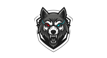 Stylized aggressive gray wolf head logo with bared fangs and striking red and blue eyes on a shield background. © Hari