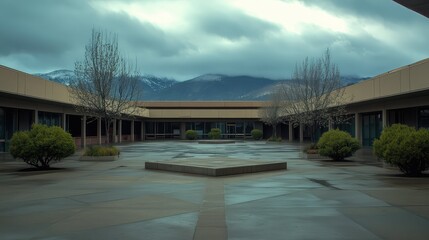 Plakat Empty corporate campus courtyard featuring bare trees, green bushes, and modern architecture with mountains in the background under an overcast sky representing solitude and business decline