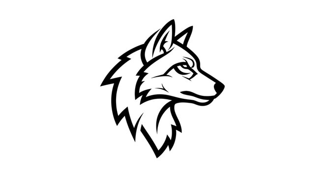 A black and white graphic illustration of a wolf's head in profile, featuring a strong and fierce expression, suitable for a logo or mascot design.