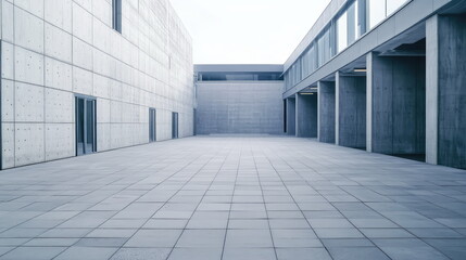 Naklejka premium Contemporary concrete buildings with large windows and clean geometric lines framing a minimalist urban courtyard, empty and serene with stark, orderly architectural rhythm