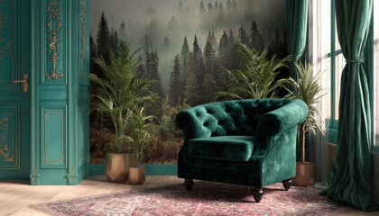 Obraz premium A luxurious green velvet armchair placed in front of a large window with curtains next to a nature-themed wall mural