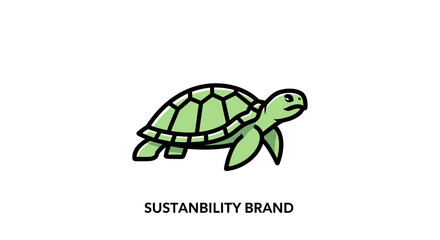 A simple, cartoon-style illustration of a green sea turtle with a black outline, positioned above the text "SUSTANBILITY BRAND" on a white background. © Hari