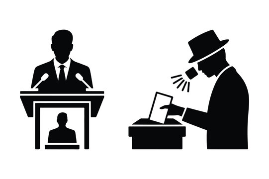 Politician at podium and person casting vote with politician election politics