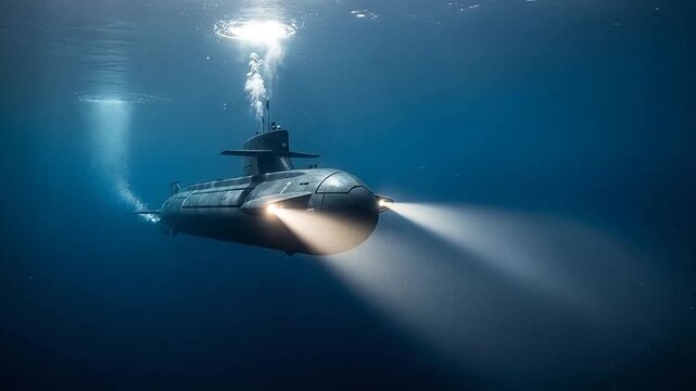 a submarine dives deep underwater ocean.