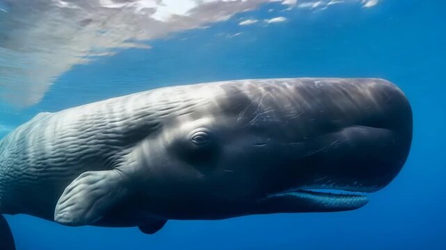 Sperm whale swimming underwater in the deep blue ocean