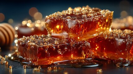 Naklejka premium Close up hexagonal honey cells with nectar pictures
