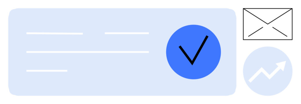 Cybersecurity, data validation, communication, business growth, email services, online approval. Blue check mark, envelope icon and upward arrow. Cybersecurity and data validation concept