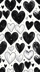 Fototapeta premium Monochrome pattern with various sized hand-drawn hearts against a creamy off-white backdrop. Shapes in black and white repeat