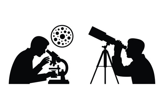 Scientist using microscope and person looking through telescope with scientist