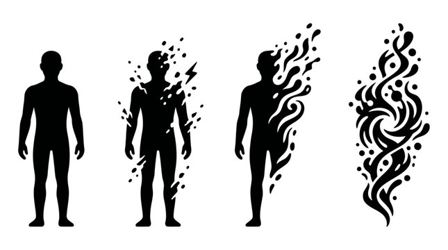 4 Black Silhouette Human to Energy Transformation Morph Vector Icons