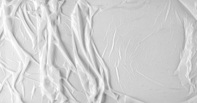 White wrinkled poster template, mockup of glued paper background and texture, design element