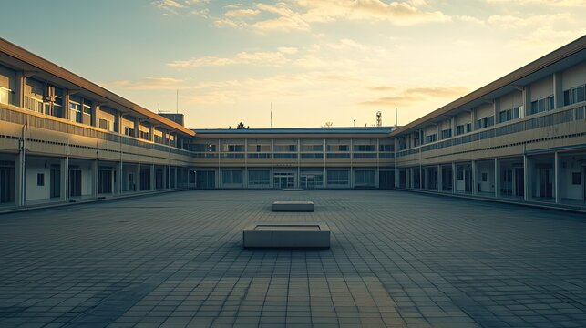 Modern concrete dormitory and office complex surrounding a wide, empty courtyard with benches, bathed in warm golden hour light and calm, minimalist urban atmosphere