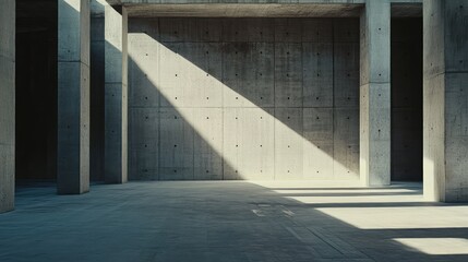Naklejka premium Concrete building interior showcasing minimalist brutalist architecture with strong geometric forms, creating dynamic shadows and emphasizing the solid, modern, and sturdy construction