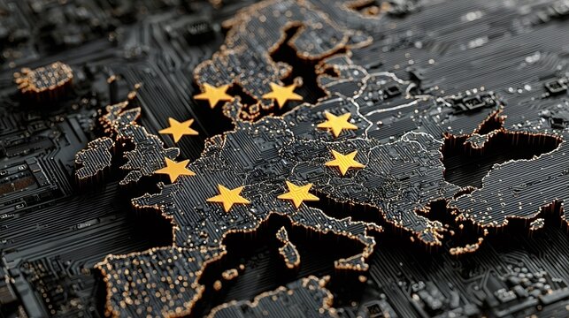 European union map rendered as a glowing circuit board, linking member states with digital pathways to illustrate technological integration, data governance and digital sovereignty