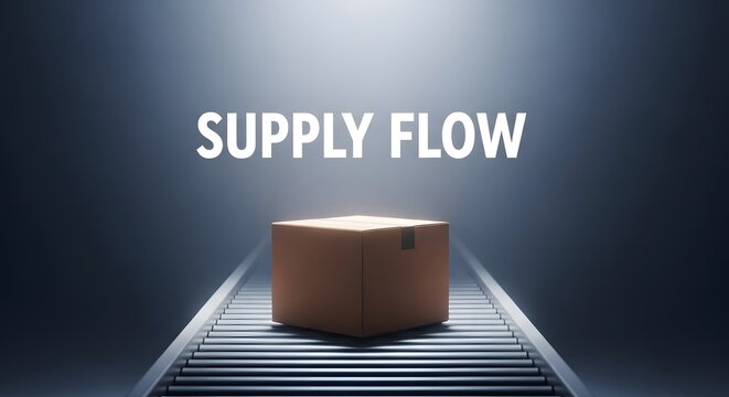 Supply Flow Concept Represented by a Cardboard Box on a Conveyor Belt.