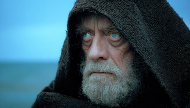 A bearded elderly man dressed in a dark hood looks pensively into the distance with a somber expression