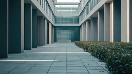 Naklejka premium Contemporary architecture creating a quiet urban courtyard, featuring a symmetrical walkway with lush green hedges and glass walls reflecting light in a sophisticated office environment