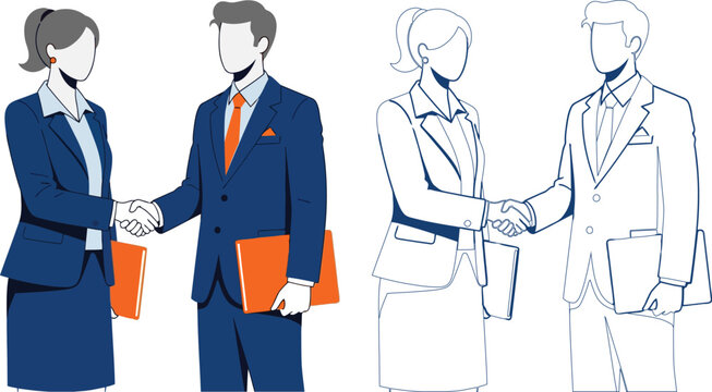 Business people shaking hands, professional man and woman in suits with folders, vector illustration
