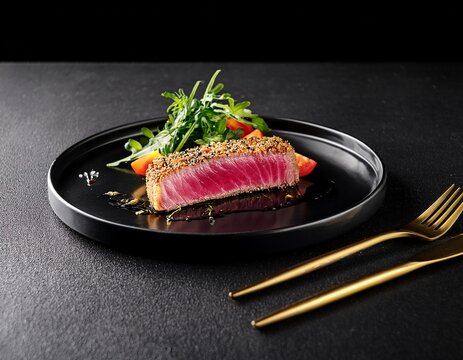 gourmet seared tuna steak dish with garnish black plate gold cutlery