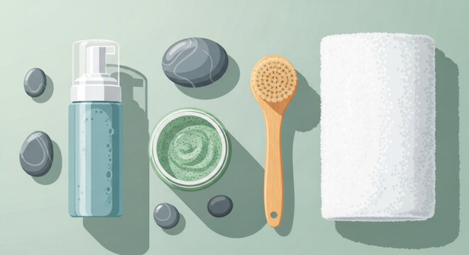 Skincare products and beauty tools flatlay.