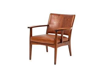 Fototapeta premium A simple wooden chair with a brown leather seat, perfect for a rustic or vintage-themed setting