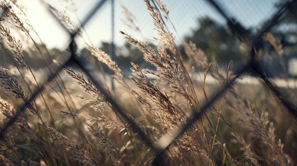 Fototapeta premium Wild grass and reeds reaching toward the sunlight, showing nature's resilience and growth despite the boundary of a chain link fence during late afternoon