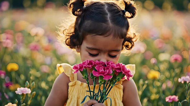 Toddler girl giggles holding pink carnations for Mother's Day, close-up portrait with dreamy bokeh, child smelling spring flowers, slow push-in, expressive happy face, innocence.