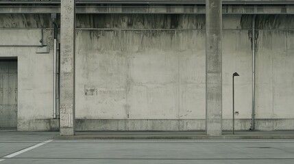 Naklejka premium Concrete wall showing urban industrial architecture, pipes, and utility pole creating a minimalist background with ample copy space and a modern, raw aesthetic