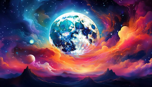 dramatic full moon rising against a cosmic backdrop of swirling clouds and vibrant colors