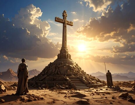 Monumental stone cross atop a crumbling structure, silhouetted against a radiant sunset with onlookers in a desert