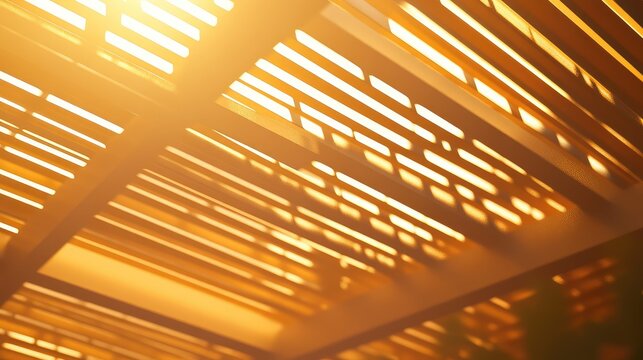 Warm golden sunbeams pierce a wooden slatted roof, creating bold parallel light and shadow patterns across textured surfaces for a modern, minimal architectural composition