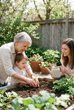 Multi-generational family planting a seedling in a backyard raised garden bed on a sunny day